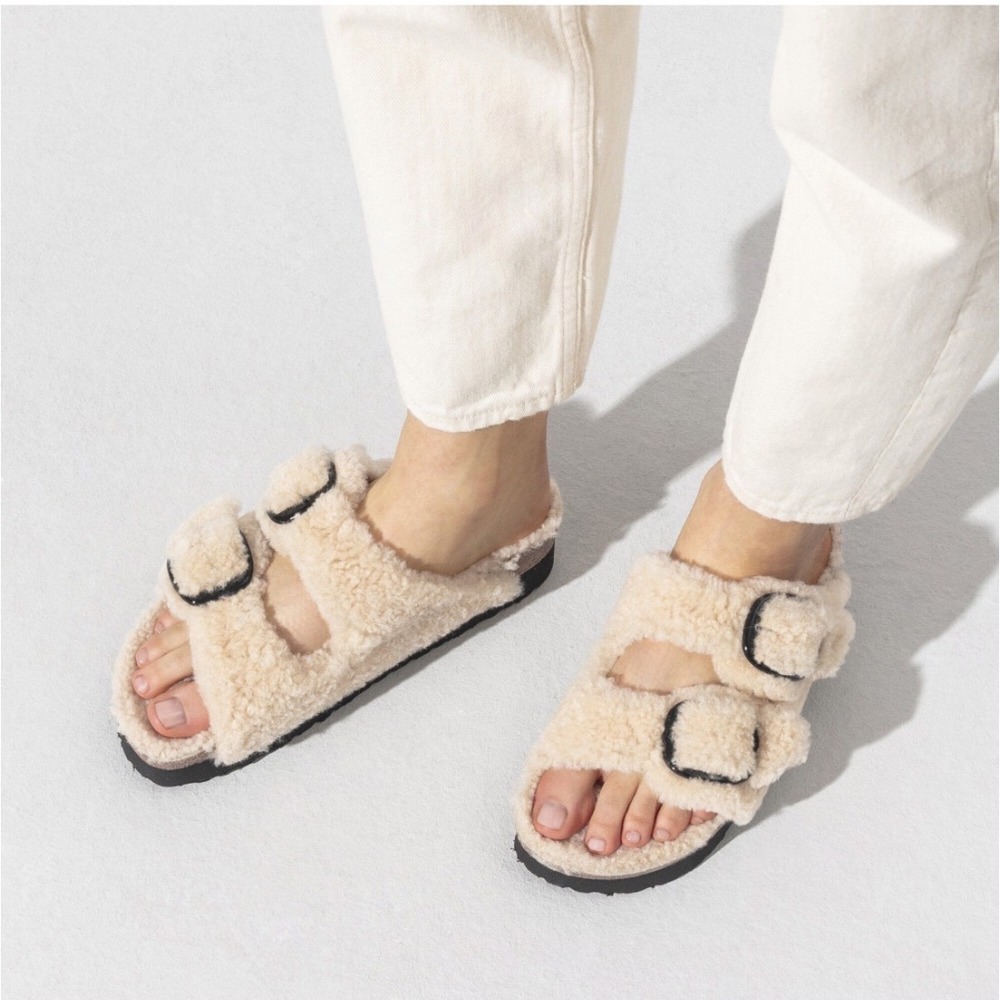 Birkenstock Arizona Big Buckle Shearling Teddy Eggshell Sandals Women's 7 Cozy